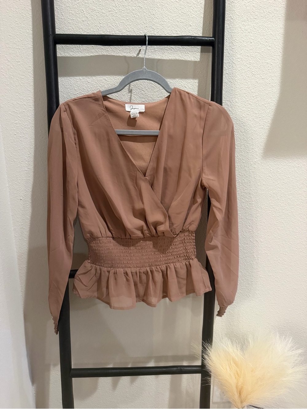 Japna Dusty Mauve Brown Smocked Peplum Wrap Blouse